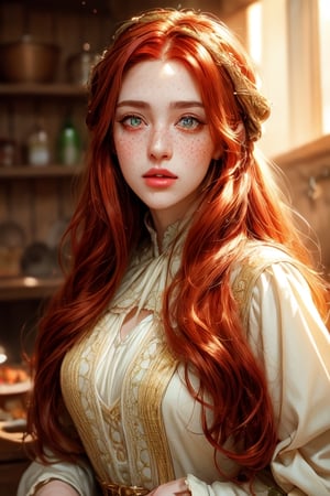 1 photograph, detailed lips, portrait, 1 female, (red hair), longhair, green eyes, (beautiful face), white peasant dress, white medieval outfit, ((tavern kitchen: background)),4k, masterpiece, (dynamic pose)),Detailed face, detailed eyes, soft colors, (high-resolution:1.2), soft lighting, cinematic lighting, perfect eyes, freckles, no accessory, white headscarf, brown apron, half body, 