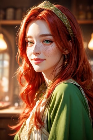 1 photograph, detailed lips, portrait, 1 female, (red hair), long hair, green eyes, (beautiful face), peasant dress, medieval outfit, ((tavern kitchen: background)),4k, masterpiece, (dynamic pose)),Detailed face, detailed eyes, soft colors, (high-resolution:1.2), soft lighting, cinematic lighting, perfect eyes, freckles, no accessory, white headscarf, white apron, half body, happy_face, smiling