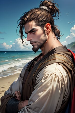 1 photograph, portrait, 1 male, ripped, sad face,(dark brown hair), man bun, dark brown eyes, stubble beard, (handsome), medieval commoner cloth, ((right side view)), (right side), (glowing), ((beach: background)),4k, masterpiece, (dynamic pose)), scars on face