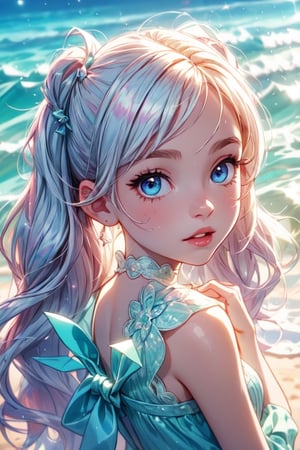 1 photograph,  detailed lips, 1 girl,  (white hair), pigtails, blue eyes, (sparkling eyes), (young face), cute face, kids, wearing white dress , child, ((beach: background)), 4k,  masterpiece,  (dynamic pose)), Detailed face,  detailed eyes,  soft colors,  (high-resolution:1.2), yuzu detail, half body, cinematic lighting, High detailed, Saturated colors, young face, Color saturation,Color saturation,High detailed, playing on the beach, streaked hair, longhair