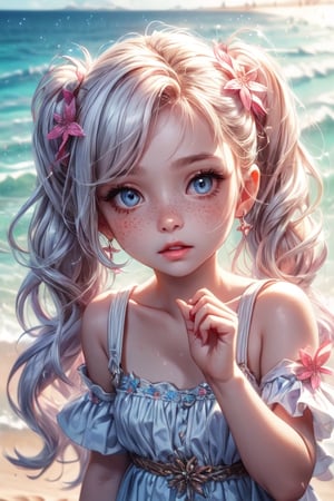 1 photograph,  detailed lips, 1 girl,  (white hair), pigtails, blue eyes, (sparkling eyes), (young face), cute face, kids, wearing kid white dress , child, ((beach: background)), 4k,  masterpiece,  (dynamic pose)), Detailed face,  detailed eyes,  soft colors,  (high-resolution:1.2), yuzu detail, half body, cinematic lighting, High detailed, Saturated colors, young face, Color saturation,Color saturation,High detailed, playing on the beach, streaked hair, longhair, little girl, flower_hair_ornament, seaside, seashell , freckles