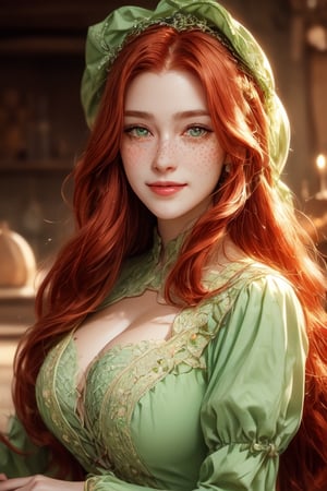 1 photograph, detailed lips, portrait, 1 female, (red hair), long hair, green eyes, (beautiful face), peasant dress, medieval outfit, ((tavern kitchen: background)),4k, masterpiece, (dynamic pose)),Detailed face, detailed eyes, soft colors, (high-resolution:1.2), soft lighting, perfect eyes, freckles, no accessory, white headscarf, white apron, half body, happy_face, smiling