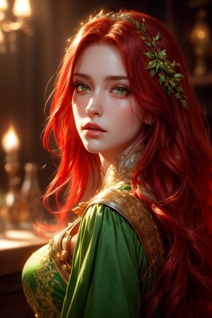 1 photograph, detailed lips, portrait, 1 female, (red hair), long hair, green eyes, (beautiful face), peasant dress, commoner cloth, ((tavern: background)),4k, masterpiece, (dynamic pose)),Detailed face, detailed eyes, soft colors, (high-resolution:1.2), soft lighting, cinematic scene, perfect eyes