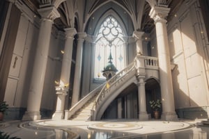 (tilt shift:1.2), cinematic scene, elven castle, elven style, castle stairway, luxurious elven castle, no human, inside, rich, marble floor, luxury, rich stairway, big room, more rich, more luxur, wrench_elven_arch, magic firefly, no humanoid