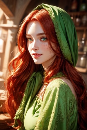 1 photograph, detailed lips, portrait, 1 female, (red hair), long hair, green eyes, (beautiful face), peasant dress, medieval outfit, ((tavern kitchen: background)),4k, masterpiece, (dynamic pose)),Detailed face, detailed eyes, soft colors, (high-resolution:1.2), soft lighting, perfect eyes, soft freckles, no accessory, half body, happy_face, smiling, short headscarf