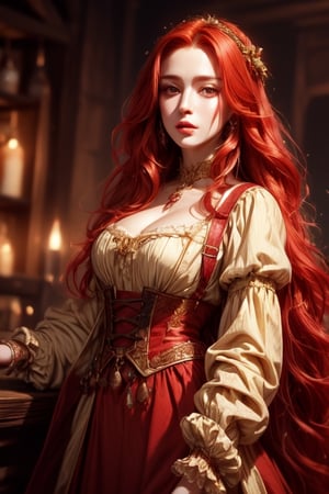 1 photograph, detailed lips, portrait, 1 female, (red hair), long hair, brown eyes, (beautiful face), peasant dress, commoner outfit, poor oufit ((tavern: background)),4k, masterpiece, (dynamic pose)),Detailed face, detailed eyes, soft colors, (high-resolution:1.2), 