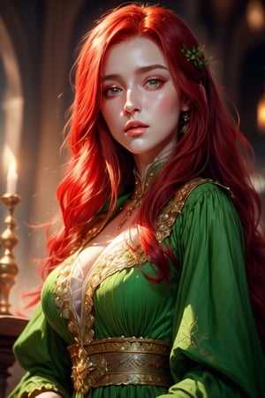 1 photograph, detailed lips, portrait, 1 female, (red hair), long hair, green eyes, (beautiful face), peasant dress, commoner outfit, ((tavern: background)),4k, masterpiece, (dynamic pose)),Detailed face, detailed eyes, soft colors, (high-resolution:1.2), 