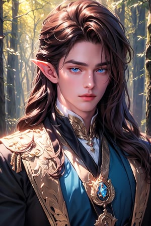 1 photograph, detailed lips, portrait, 1 male, calm face, amature face, (brown hair), long hair, neat hair, blue eyes, (handsome), wearing noble outfit, duke outfit, (right side), (glowing), ((forest: background)),4k, masterpiece, (dynamic pose)),elf ears, pointed ears,male, amature