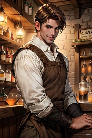 1 photograph, detailed lips, portrait, 1 male, calm face, mature face, (brown hair), short hair, neat hair, brown eyes, (handsome), wearing peasant cloth, (right side), (glowing), ((tavern bar: background)),4k, masterpiece, (dynamic pose)), Germany Male, cheap outfit, mysterious smile