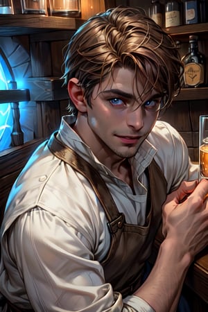 1 photograph, detailed lips, portrait, 1 male, mysterious face, mature face, (brown hair), short hair, neat hair, blue eyes, (handsome), wearing peasant cloth, (right side), (glowing), ((tavern bar: background)),4k, masterpiece, (dynamic pose)), Male, cheap outfit, mysterious slightly smile, german male, white outfit, slime body