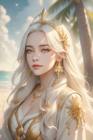 1 photograph, detailed lips, portrait, 1 female, smiling face, (white hair), long hair, grey eyes, (beautiful face), cleric outfit, (glowing), golden earrings, golden headpiece, golden holy necklace, ((beach under the tree: background)),4k, masterpiece, (dynamic pose)),Detailed face, detailed eyes, colors,otherworldly charm, soft colors, (detailed cloudscape:1.3), (high-resolution:1.2), cinematic lighting,1 girl, yuzu, Detailedface, soft lighting