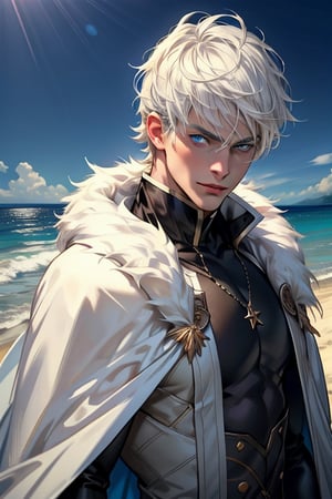 1 photograph, detailed lips, portrait, 1 male, calm face, mature face, (whitehair), short hair, neat hair, blue eyes, (handsome), wearing a cape of fur, (right side), (glowing), ((beach: background)),4k, masterpiece, (dynamic pose)),