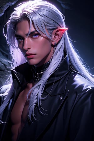 1 photograph, detailed lips, portrait, 1 male, calm face, amature face, (silver hair), long hair, straight hair, purple eyes, (handsome), wearing black long coat, rogue outfit, (right side), (glowing), ((cave: background)),4k, masterpiece, (dynamic pose)),elf ears, pointed ears, male, Detailedface, dark skin,  black skin,tan,handsome,boy