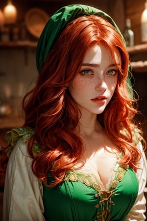 1 photograph, detailed lips, portrait, 1 female, (red hair), long hair, green eyes, (beautiful face), peasant dress, medieval outfit, ((tavern kitchen: background)),4k, masterpiece, (dynamic pose)),Detailed face, detailed eyes, soft colors, (high-resolution:1.2), soft lighting, cinematic lighting, perfect eyes, freckles, no accessory, white headscarf, brown apron, half body, Detailedface,Detailedface