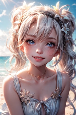 1 photograph,  detailed lips, 1 girl,  (white hair), pigtails, light blue eyes, (sparkling eyes), (young face), big smiling face, kids, wearing kid white dress , child, ((beach: background)), 4k,  masterpiece,  (dynamic pose)), Detailed face,  detailed eyes,  soft colors,  (high-resolution:1.2), yuzu detail, half body, cinematic lighting, High detailed, soft lighting, playing on the beach, streaked hair, longhair, little girl, white flower headband, soft freckles, 5 years old girl