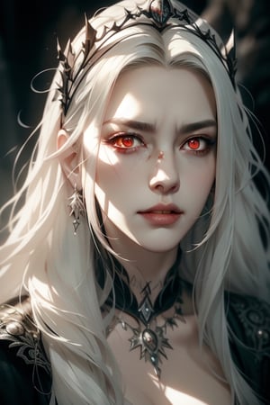 1 photograph, detailed lips, portrait, 1 female, angry face, mysterious smile, (white hair), long hair, (beautiful face), dark cleric outfit, silver earrings, silver tiara, silver necklace, ((darkest ruin: background)),4k, masterpiece, (dynamic pose)), Detailed face, detailed eyes, colors, otherworldly charm, (detailed cloudscape:1.3), (high-resolution:1.2), cinematic movement,1 girl, yuzu, Detailedface, dark light, half body, luminous and glowing red eyes, dark color, dark energy, dark lighting, fade dark, blood stain on the cheek, bleeding 