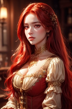 1 photograph, detailed lips, portrait, 1 female, (red hair), long hair, brown eyes, (beautiful face), peasant dress, commoner outfit, poor oufit ((tavern: background)),4k, masterpiece, (dynamic pose)),Detailed face, detailed eyes, soft colors, (high-resolution:1.2), 