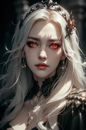 1 photograph, detailed lips, portrait, 1 female, angry face, mysterious smile, (white hair), long hair, (beautiful face), dark cleric outfit, silver earrings, silver tiara, silver necklace, ((darkest ruin: background)),4k, masterpiece, (dynamic pose)), Detailed face, detailed eyes, colors, otherworldly charm, (detailed cloudscape:1.3), (high-resolution:1.2), cinematic movement,1 girl, yuzu, Detailedface, dark light, half body, luminous and glowing red eyes, dark color, dark energy, dark lighting, fade dark, blood stain on the cheek, bleeding 