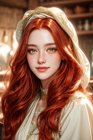 1 photograph, detailed lips, portrait, 1 female, (red hair), longhair, green eyes, (beautiful face), white peasant dress, white medieval outfit, ((tavern kitchen: background)),4k, masterpiece, (dynamic pose)),Detailed face, detailed eyes, soft colors, (high-resolution:1.2), soft lighting, perfect eyes, freckles, no accessory, white headscarf, brown apron, half body, smiling