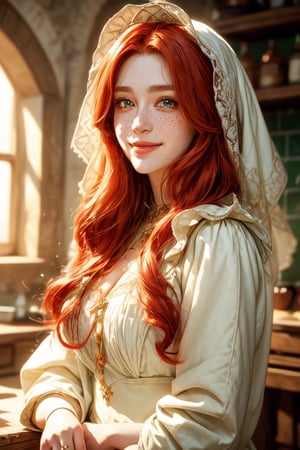 1 photograph, detailed lips, portrait, 1 female, (red hair), longhair, green eyes, (beautiful face), white peasant dress, white medieval outfit, ((tavern kitchen: background)),4k, masterpiece, (dynamic pose)),Detailed face, detailed eyes, soft colors, (high-resolution:1.2), soft lighting, perfect eyes, freckles, no accessory, white headscarf, brown apron, half body, smiling, old outfit