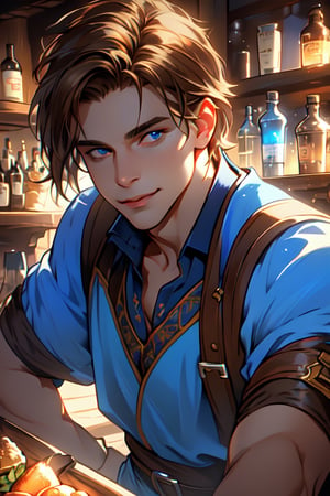 1 photograph, detailed lips, portrait, 1 male, mysterious face, mature face, (brown hair), short hair, neat hair, blue eyes, (handsome), wearing peasant cloth, (right side), (glowing), ((tavern bar: background)),4k, masterpiece, (dynamic pose)), Male, cheap outfit, mysterious slightly smile, german male,Germany Male,1 girl