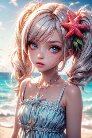 1 photograph,  detailed lips, 1 girl,  (white hair), pigtails, blue eyes, (sparkling eyes), (young face), cute face, kids, wearing kid white dress , child, ((beach: background)), 4k,  masterpiece,  (dynamic pose)), Detailed face,  detailed eyes,  soft colors,  (high-resolution:1.2), yuzu detail, half body, cinematic lighting, High detailed, Saturated colors, young face, Color saturation,Color saturation,High detailed, playing on the beach, streaked hair, longhair, little girl, flower_hair_ornament, holding starfish, freckles