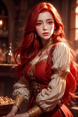 1 photograph, detailed lips, portrait, 1 female, (red hair), long hair, brown eyes, (beautiful face), peasant dress, commoner cloth, ((tavern: background)),4k, masterpiece, (dynamic pose)),Detailed face, detailed eyes, soft colors, (high-resolution:1.2), 