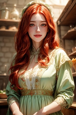 1 photograph, detailed lips, portrait, 1 female, (red hair), longhair, green eyes, (beautiful face), white peasant dress, white medieval outfit, ((tavern kitchen: background)),4k, masterpiece, (dynamic pose)),Detailed face, detailed eyes, soft colors, (high-resolution:1.2), soft lighting, perfect eyes, freckles, no accessory, white headscarf, brown apron, half body, smiling, old cloth