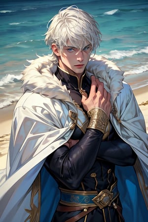 1 photograph, detailed lips, portrait, 1 male, calm face, mature face, (whitehair), short hair, neat hair, blue eyes, (handsome), wearing noble cloth, with long cape of fur, (right side), (glowing), ((beach: background)),4k, masterpiece, (dynamic pose)),