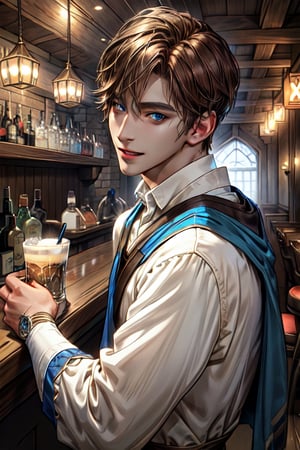 1 photograph, detailed lips, portrait, 1 male, mysterious face, mature face, (brown hair), short hair, neat hair, blue eyes, (handsome), wearing peasant cloth, (right side), (glowing), ((tavern bar: background)),4k, masterpiece, (dynamic pose)), Male, cheap outfit, mysterious slightly smile, slender, slim body, thin body, white outfit, young face,kpop
