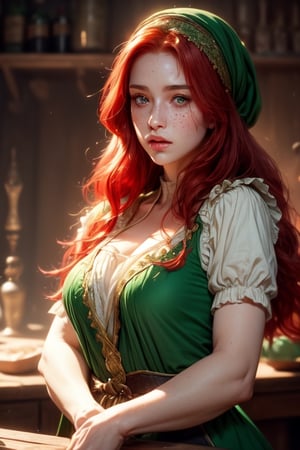 1 photograph, detailed lips, portrait, 1 female, (red hair), long hair, green eyes, (beautiful face), peasant dress, poor cloth, ((tavern kitchen: background)),4k, masterpiece, (dynamic pose)),Detailed face, detailed eyes, soft colors, (high-resolution:1.2), soft lighting, cinematic scene, perfect eyes, freckles, no accessory, headscarf, apron