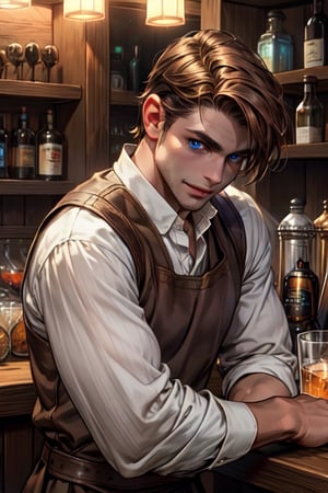 1 photograph, detailed lips, portrait, 1 male, mysterious face, mature face, (brown hair), short hair, neat hair, blue eyes, (handsome), wearing peasant cloth, (right side), (glowing), ((tavern bar: background)),4k, masterpiece, (dynamic pose)), Male, cheap outfit, mysterious slightly smile, german male, Germany Male, slender, slim body, thin body, white outfit