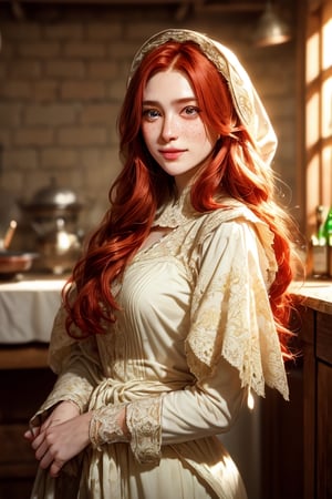 1 photograph, detailed lips, portrait, 1 female, (red hair), longhair, green eyes, (beautiful face), white peasant dress, white medieval outfit, ((tavern kitchen: background)),4k, masterpiece, (dynamic pose)),Detailed face, detailed eyes, soft colors, (high-resolution:1.2), soft lighting, perfect eyes, freckles, no accessory, white headscarf, brown apron, half body, smiling, old cloth, dim light