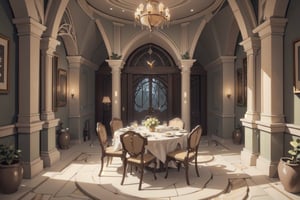 (tilt shift:1.2), cinematic scene, elven castle, elven style, luxurious elven castle, no human, inside, rich, marble floor, luxury, big room, more rich, more luxur, wrench_elven_arch, magic firefly, no humanoid, private dining room, dining room, large dining table, 6 chairs