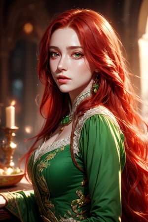 1 photograph, detailed lips, portrait, 1 female, (red hair), long hair, green eyes, (beautiful face), peasant dress, commoner cloth, ((tavern: background)),4k, masterpiece, (dynamic pose)),Detailed face, detailed eyes, soft colors, (high-resolution:1.2), 