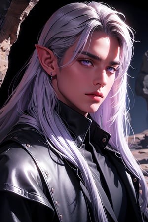 1 photograph, detailed lips, portrait, 1 male, calm face, amature face, (silver hair), long hair, straight hair, purple eyes, (handsome), wearing black long coat, rogue outfit, (right side), (glowing), ((cave: background)),4k, masterpiece, (dynamic pose)),elf ears, pointed ears, male, Detailedface, dark skin,  black skin,tan,handsome