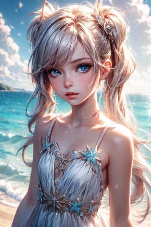 1 photograph,  detailed lips, 1 little girl,  (white hair), pigtails, blue eyes, (sparkling eyes), (young face), cute face, kids, wearing white dress , child, ((beach: background)), 4k,  masterpiece,  (dynamic pose)), Detailed face,  detailed eyes,  soft colors,  (high-resolution:1.2), yuzu detail, half body, cinematic lighting, High detailed, Saturated colors, young face, Color saturation,Color saturation,High detailed, playing on the beach, streaked hair, longhair