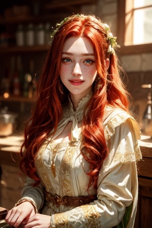 1 photograph, detailed lips, portrait, 1 female, (red hair), longhair, green eyes, (beautiful face), white peasant dress, white medieval outfit, ((tavern kitchen: background)),4k, masterpiece, (dynamic pose)),Detailed face, detailed eyes, soft colors, (high-resolution:1.2), soft lighting, cinematic lighting, perfect eyes, freckles, no accessory, white headscarf, brown apron, half body, smiling