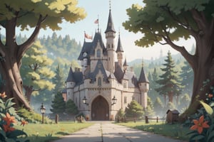 (tilt shift:1.2), cinematic scene, village entrance, forest, wood, castle in the east of the background, mediaval