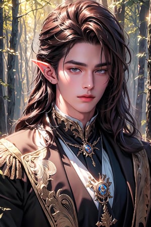 1 photograph, detailed lips, portrait, 1 male, calm face, amature face, (brown hair), long hair, neat hair, grey eyes, (handsome), wearing noble outfit, duke outfit, (right side), (glowing), ((forest: background)),4k, masterpiece, (dynamic pose)),elf ears, pointed ears,male, amature