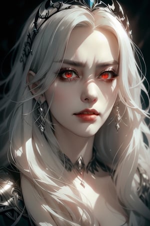 1 photograph, detailed lips, portrait, 1 female, angry face, mysterious smile, (white hair), long hair, (beautiful face), dark cleric outfit, silver earrings, silver tiara, silver necklace, ((darkest ruin: background)),4k, masterpiece, (dynamic pose)), Detailed face, detailed eyes, colors, otherworldly charm, (detailed cloudscape:1.3), (high-resolution:1.2), cinematic movement,1 girl, yuzu, Detailedface, dark light, half body, luminous and glowing red eyes, dark color, dark energy, dark lighting, fade dark, blood stain on cheek, red light in the eyes