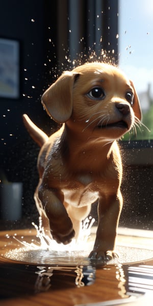 Ultra realistic illustration. Macro view,water explosion on a glass BREAK scattering of water particles as flow of electricity BREAK a small cute doggy is inside the glass.amazing details, perfect lighting and  reflections,unreal engine 5, RTX on,ultra HD, 8k, intricate, masterpiece