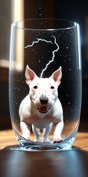 Ultra realistic illustration. Macro view,water explosion on a glass BREAK scattering of water particles as flow of electricity BREAK a small cute bull terrier is inside the glass.amazing details, perfect lighting and  reflections,unreal engine 5, RTX on,ultra HD, 8k, intricate, masterpiece