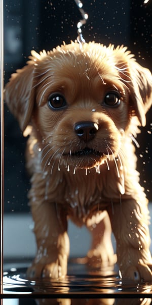 Ultra realistic illustration. Macro view,water explosion on a glass BREAK scattering of water particles as flow of electricity BREAK a small cute doggy is inside the glass.amazing details, perfect lighting and  reflections,unreal engine 5, RTX on,ultra HD, 8k, intricate, masterpiece