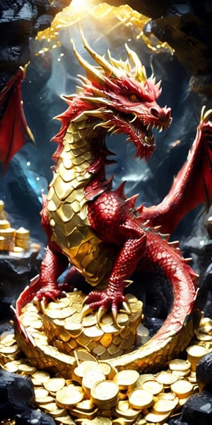 Red and black dragon, standing on a pile of gold coins and treasure in a cave, Dragon,
