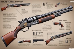 features a detailed diagram of a double-barrel shotgun, showcasing its various parts and mechanisms. The gun is displayed in a cross-sectional view, with the barrels and other components clearly visible. 

In addition to the main double-barrel shotgun, there are several other guns and firearms scattered throughout the image. Some of these guns are positioned in the background, while others are placed closer to the viewer. The overall scene provides a comprehensive understanding of the intricate workings of a double-barrel shotgun and its components.