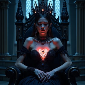 A majestic woman sits upon a throne, her slender fingers cradling a glowing heart as dark shadows dance across her figure. The intricate black crown on her brow is adorned with mystical patterns, casting an aura of foreboding. Gothic spires loom behind her, merging the realms of fantasy and despair. Heart machines hum to life beside her, their pulsing lights illuminating her sapphire-encrusted tiara. With an enigmatic presence, she embodies an evil princess from a desolate wasteland, exuding haunting beauty in this official art print.