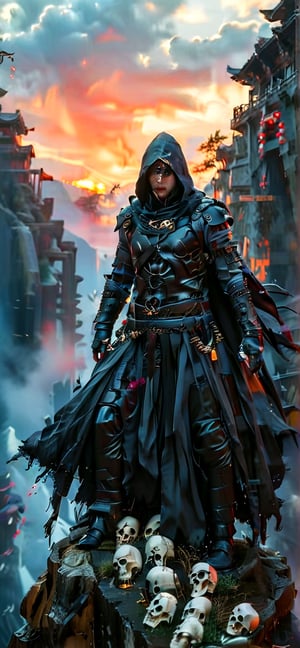 A dark fantasy masterpiece: A hooded monk-warrior, Death, stands atop a hill of human skulls and otherworldly creatures against an ominous mountain backdrop at sunset. The figure's leather-adorned robe, gray cloak, and black gloves contrast with the vibrant color palette, evoking Boris Vallejo's style. Framed by the setting sun, the character exudes power and mystery.,adamcnbldg style