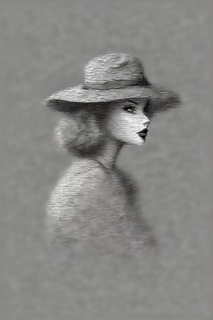 a sketch of a woman wearing a hat with a bow, in the style of paleocore, poodlepunk, michelangelo, hazy, nene thomas, sculpted, lit kid