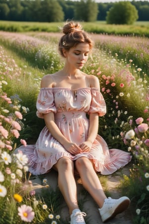 Soft focus captures the serene scene: a young woman sits amidst a sea of wildflowers, her hands deftly weaving a wreath of blooms. She wears a delicate light pink and white off-the-shoulder dress adorned with printed flowers, perfectly complementing her rosy locks gathered in a high bun, with loose strands framing her face. Summer sneakers clad her legs, while the warm sunlight casts a gentle glow on her peaceful pose amidst the vibrant meadow.